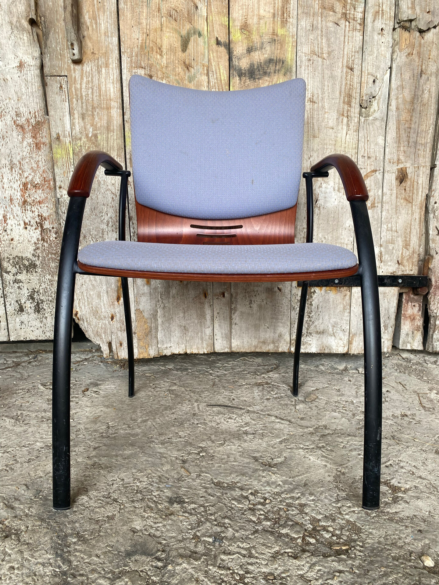 Vintage Armchair RONÉO Black Metal Legs + Dark Wood Shell + Vintage Fabric