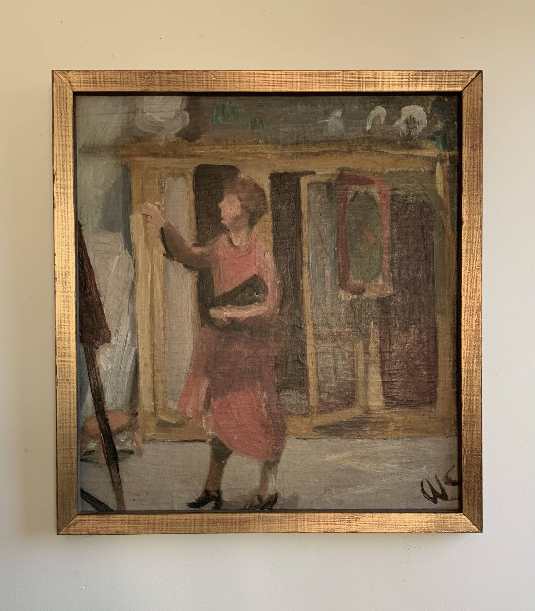 Vintage Oil On Canvas Interior with Woman Signed By Artist W.S., circa 1950s