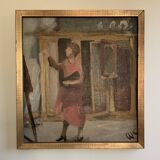 Vintage Oil On Canvas Interior with Woman Signed By Artist W.S., circa 1950s