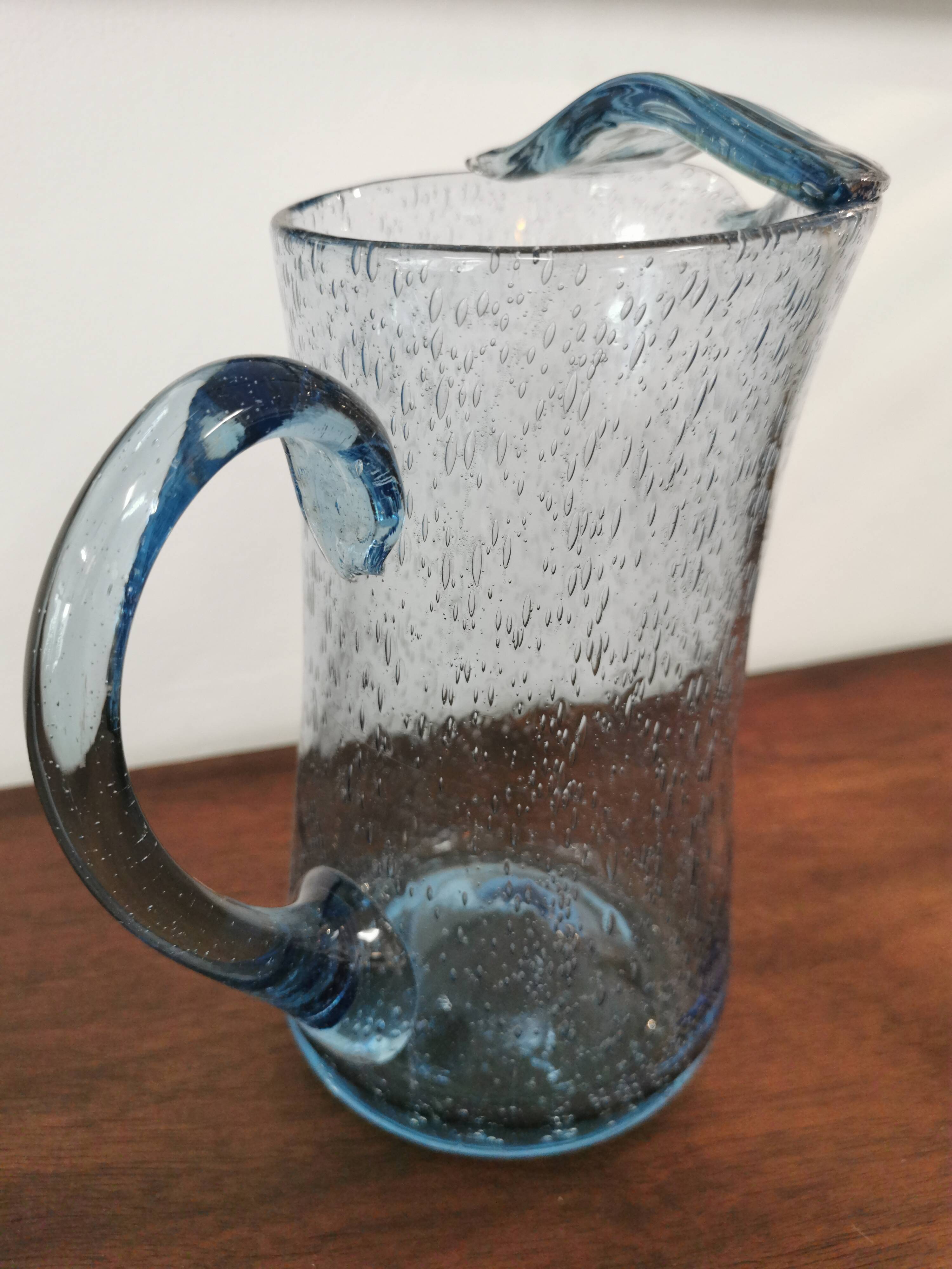 Vintage pitcher in blue bubbled glass Biot unsigned