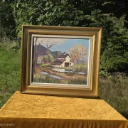 Vintage Oil Landscape Painting - Impasto Barn Scene