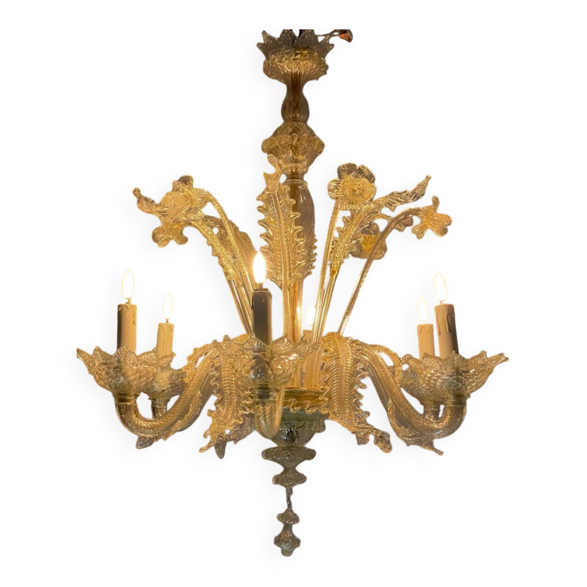 Venetian chandelier in gilded Murano glass, 6 light arms circa 1940