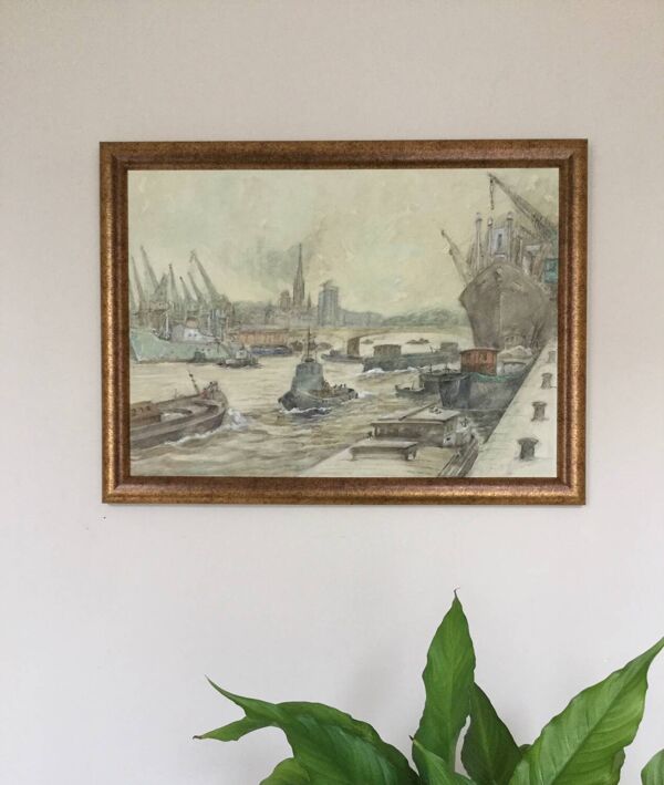 Aquarelle de guy marc (1918-1995).port de rouen,1974