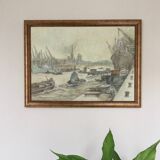 Watercolor by guy marc (1918-1995). port of rouen, 1974