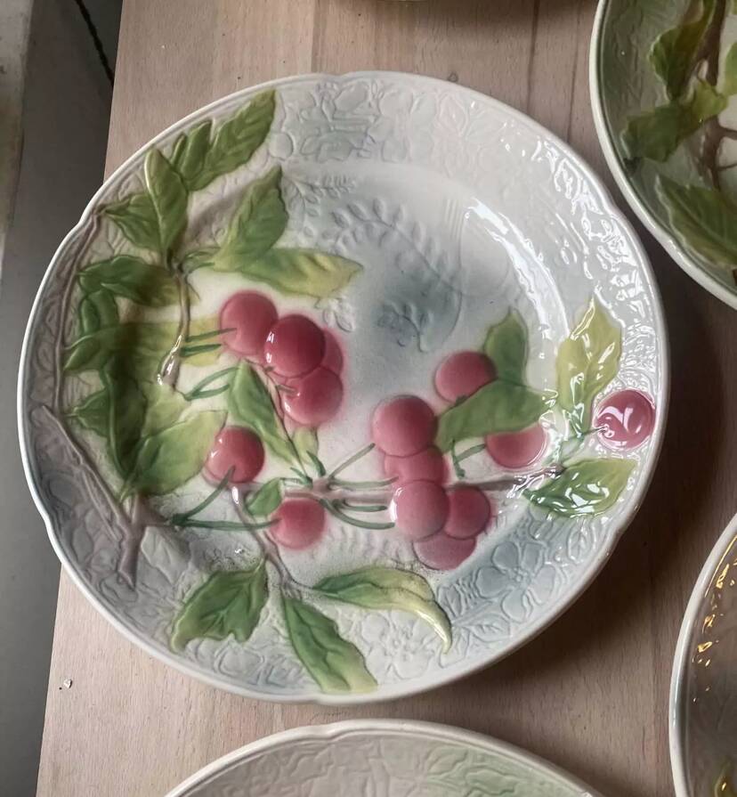 Set of 5 flat plates in Saint-Clément Barbotine earthenware with seasonal fruit motifs