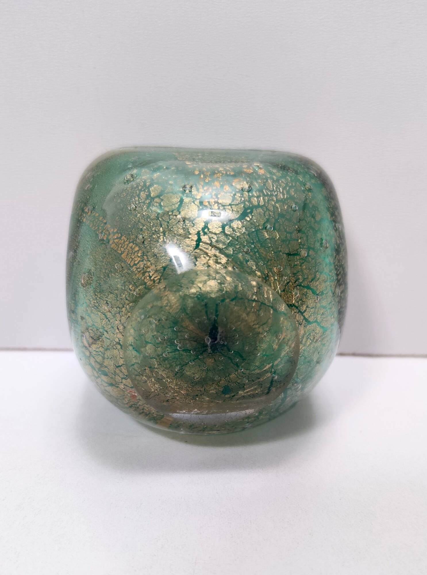 Green Gold Flecked Sommerso Glass Bonbonnière / Trinket Bowl by Venini, Ita