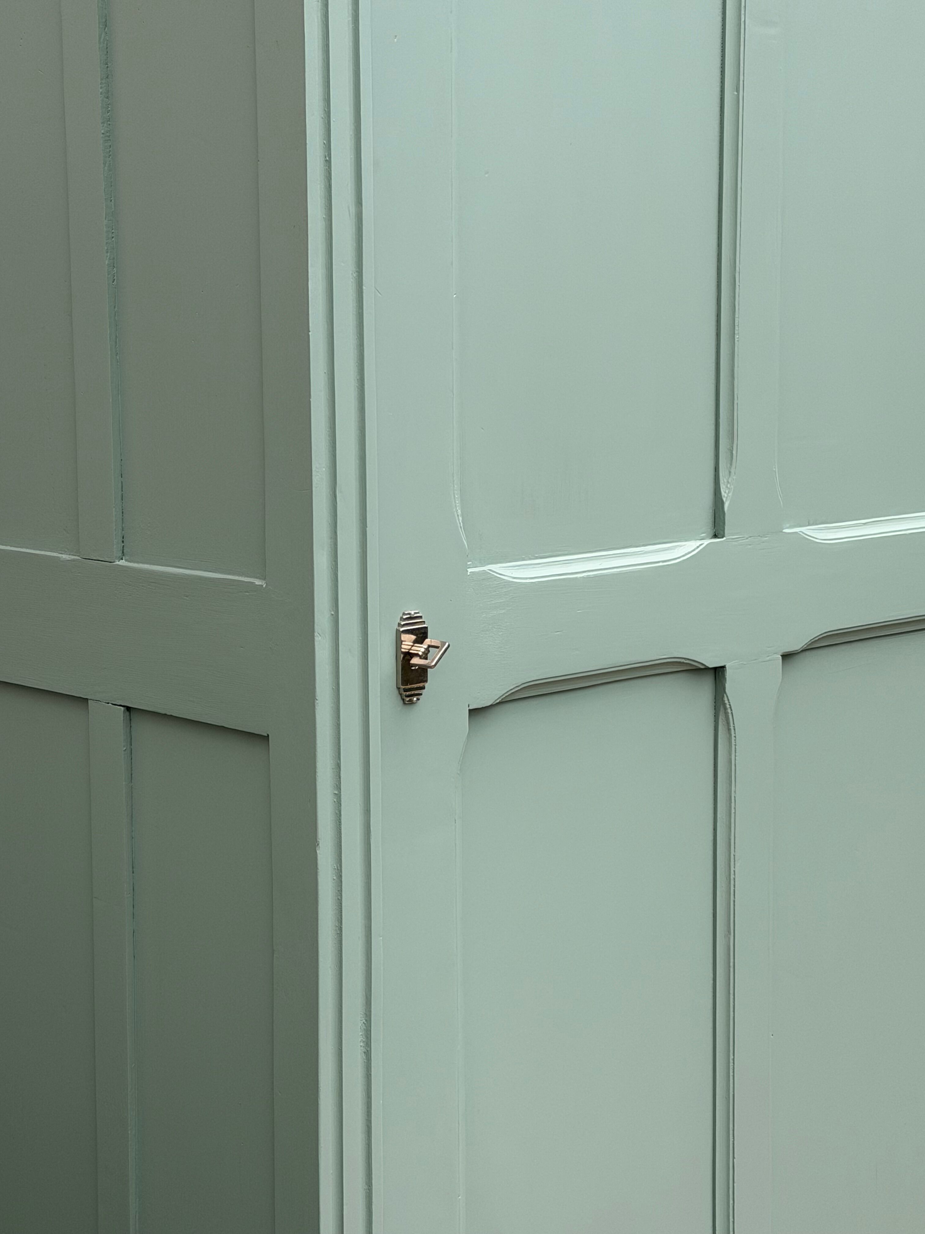 Antique Parisian wardrobe in grey-green solid pine.