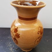 Vase céramique beige décor fleurs marron vintage