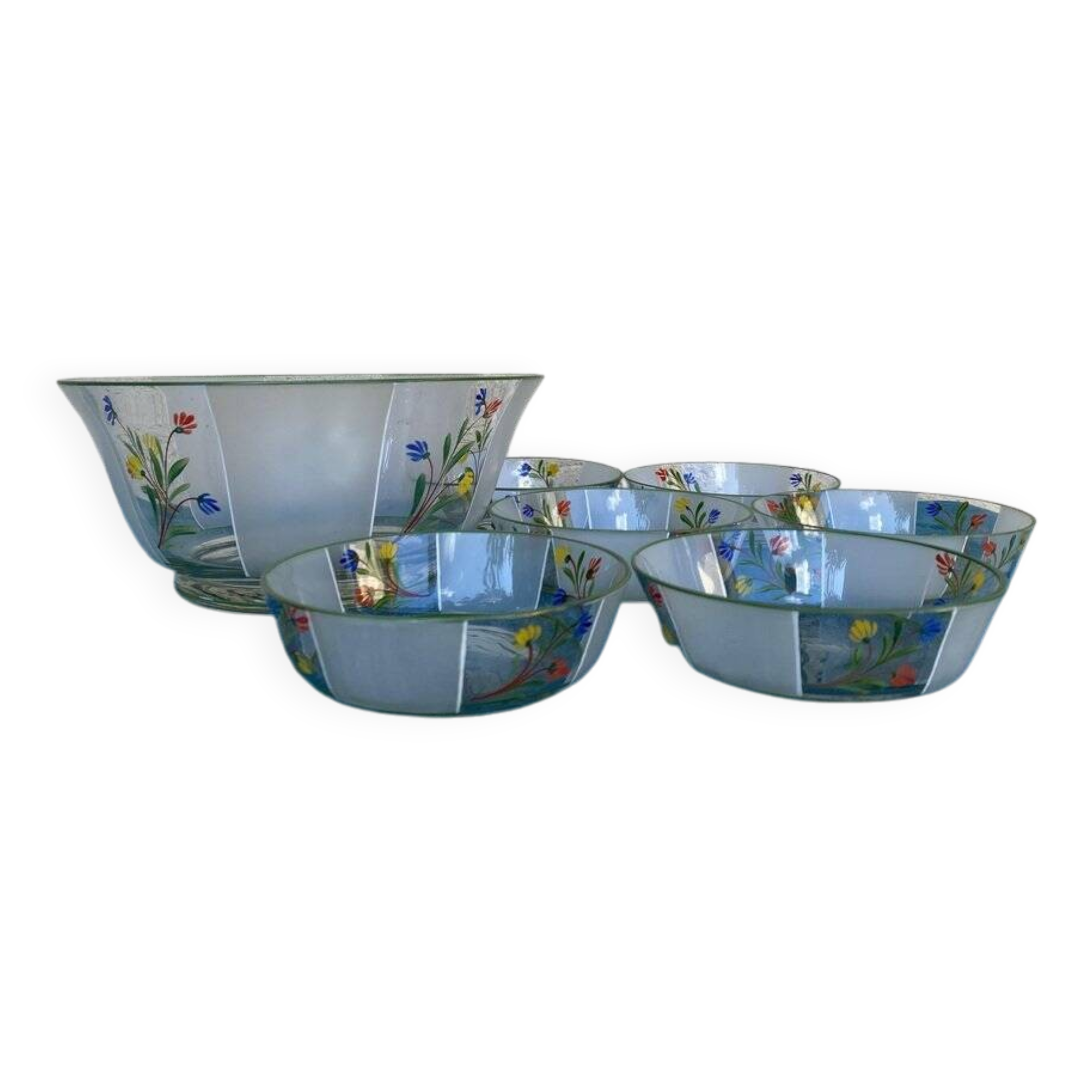 Set of 7 hand-painted glass bowls, multicoloured transparent, Hungary 1950s