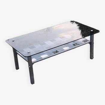 Designer coffee table in brushed steel with smoked glass top 1970