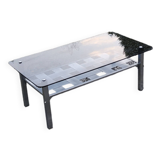 Designer coffee table in brushed steel with smoked glass top 1970