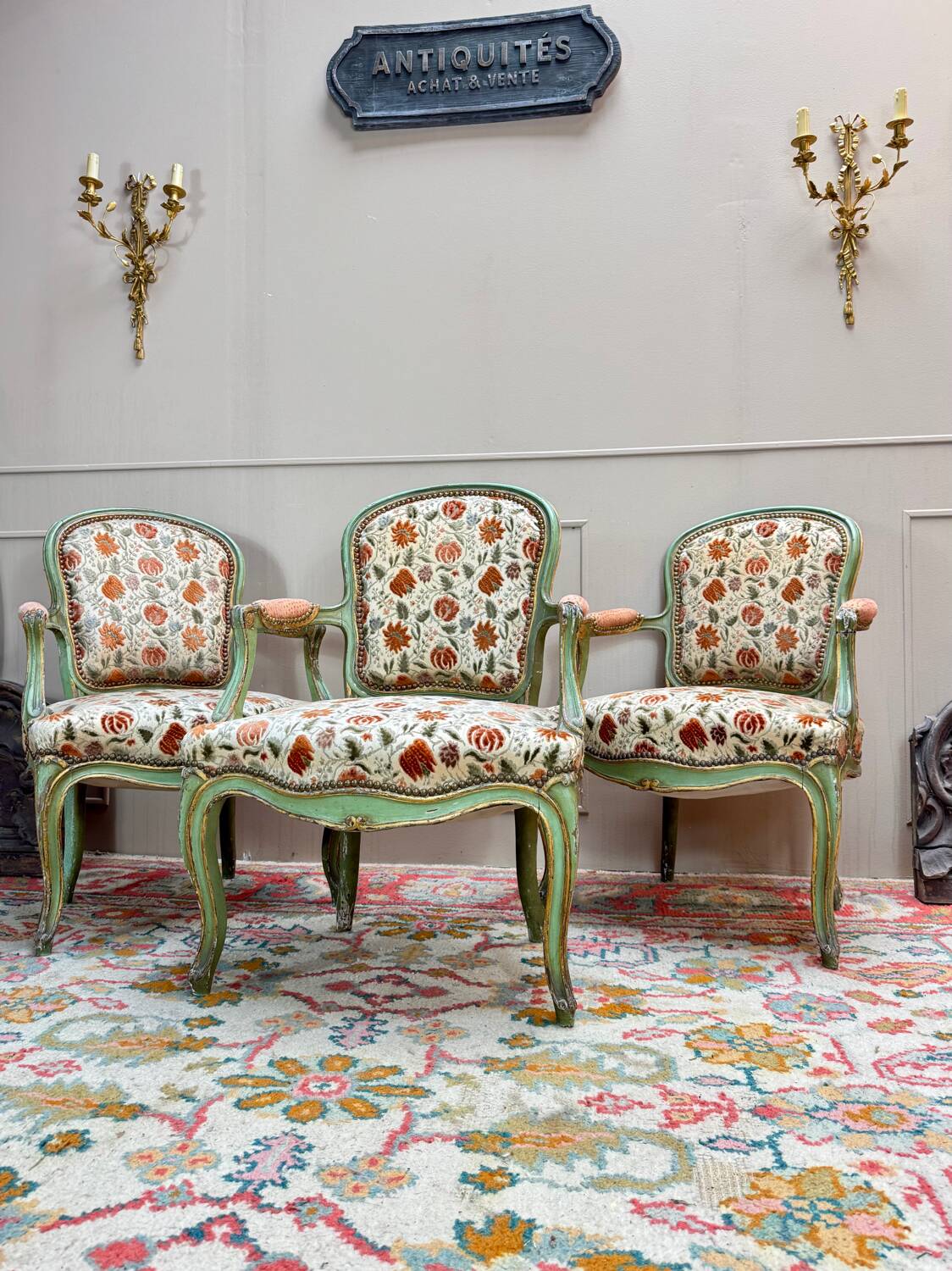 Set of Three Louis XV Style Lacquered Wood Armchairs, 19th Century