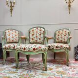 Set of Three Louis XV Style Lacquered Wood Armchairs, 19th Century