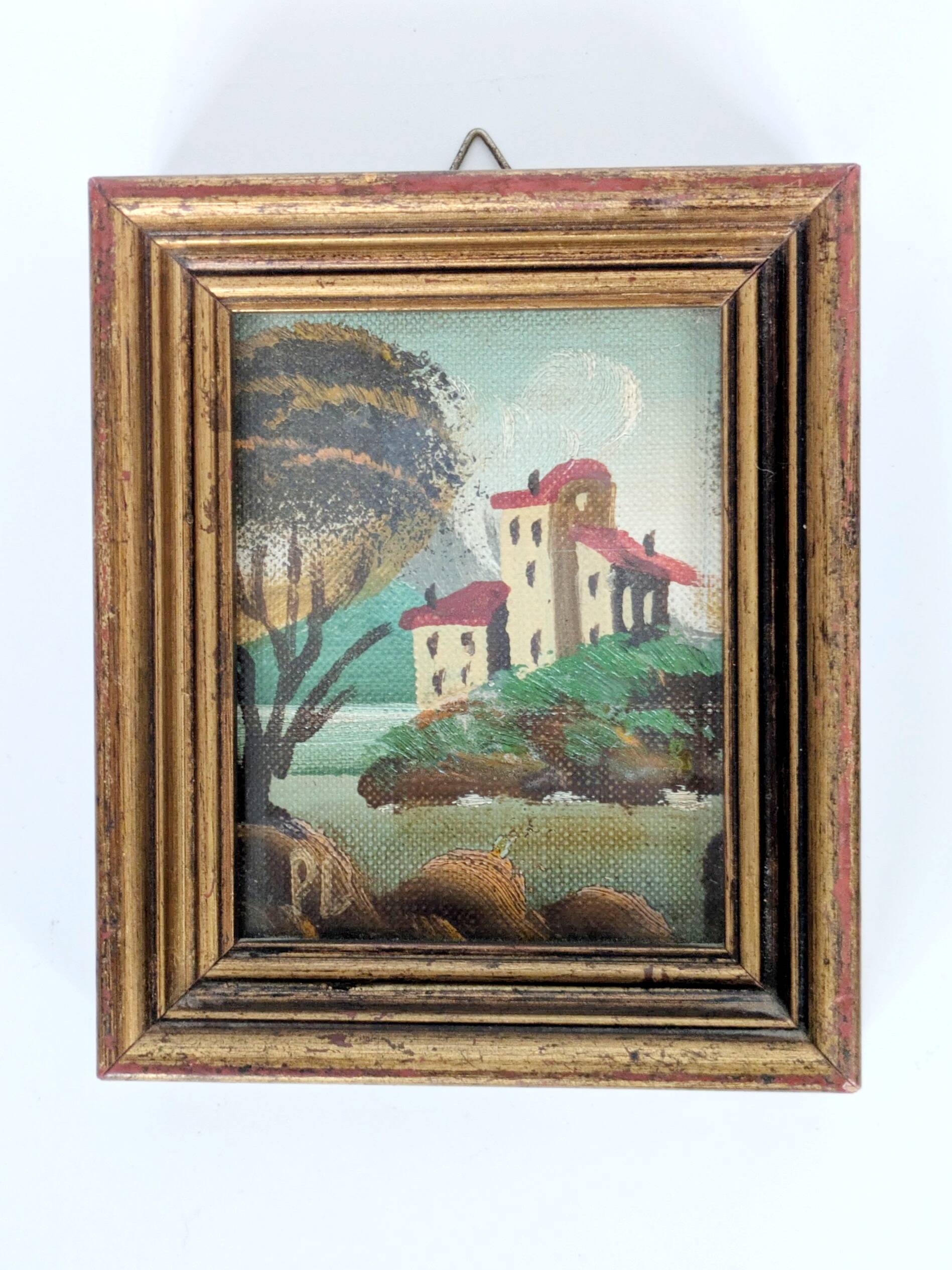 Pair of small Italian oil paintings, flowers and landscape.