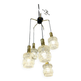 Lustre cascade à 5 feux, verre et laiton, années 60