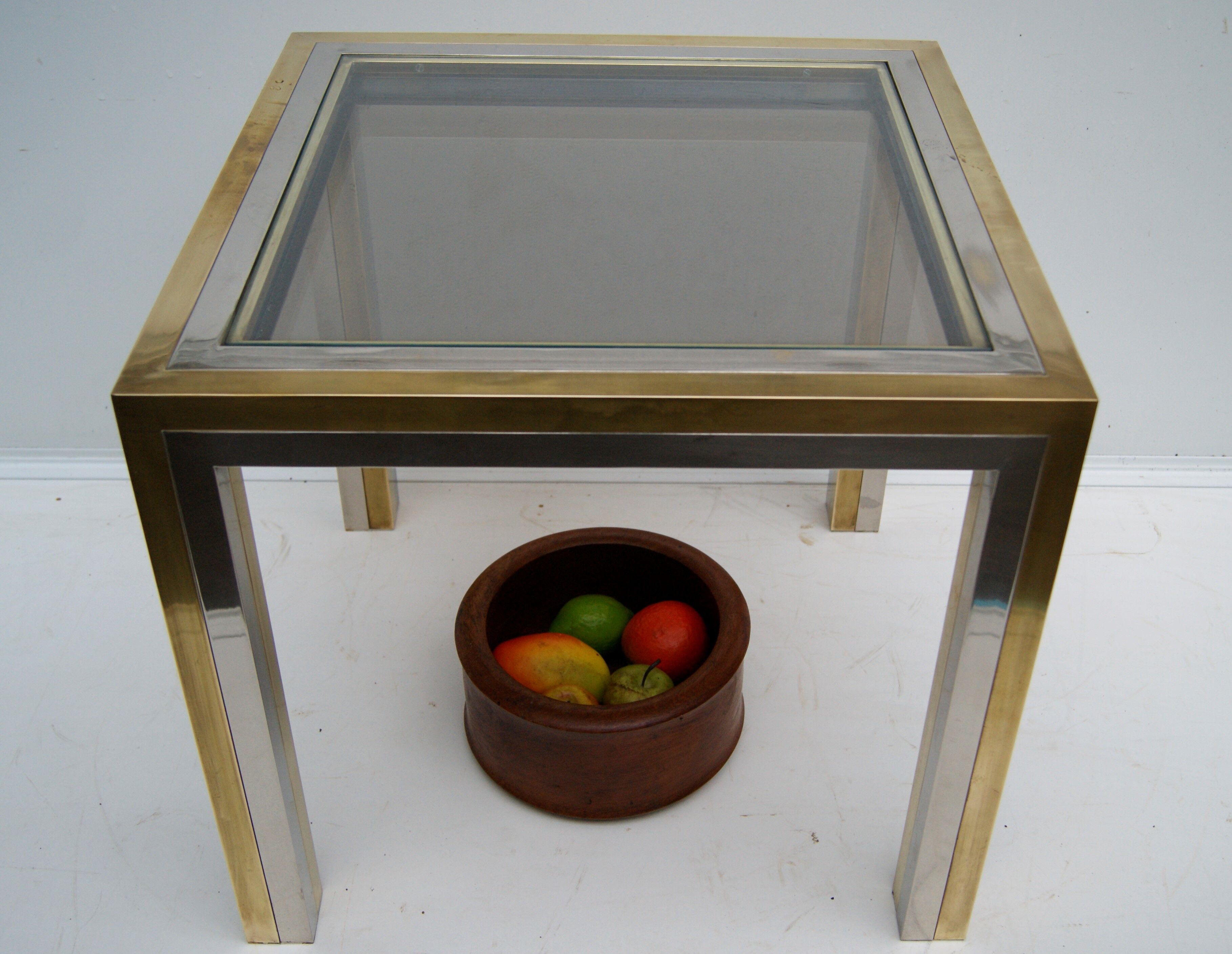 Piece of sofa coffee table brass chrome, brass. 2 glass trays. Italy 1970's