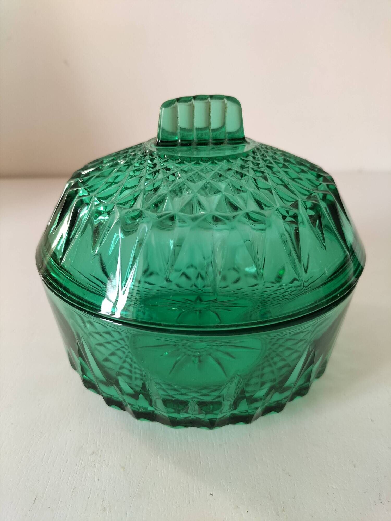 Vintage Arcoroc mint green cut glass sugar bowl or sweet jar