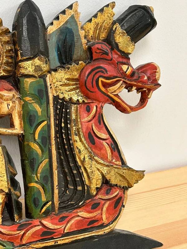Balinese wall panel carved wood gilded polychrome dragon procession