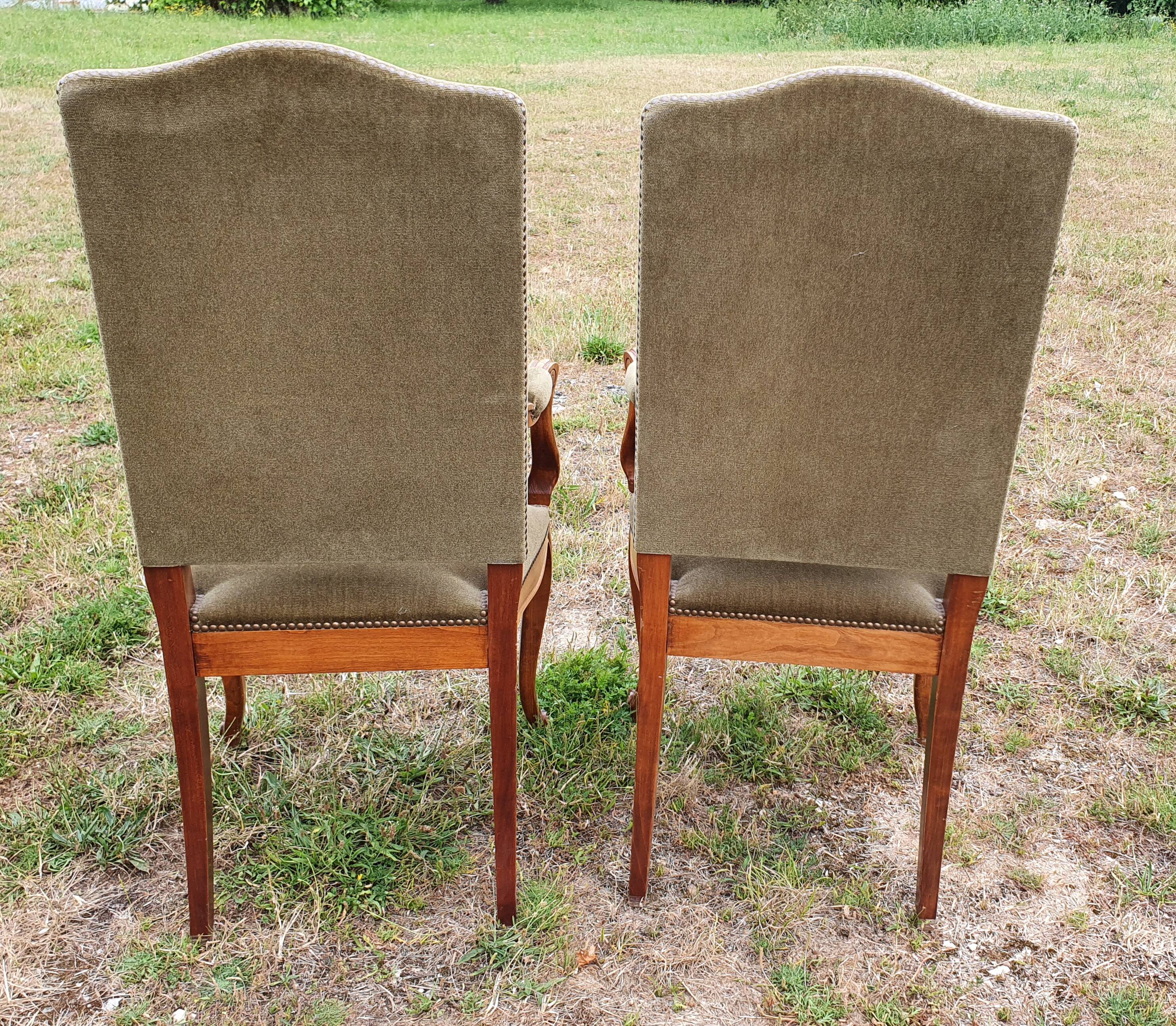 Pair of Louis X V style armchairs in green velvet
