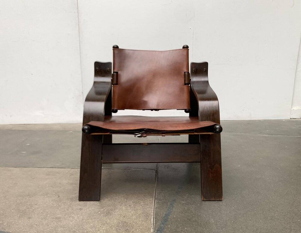 Brutalist Mid-Century Safari Armchair in Wood and Leather, 1960s