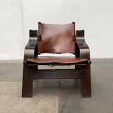 Brutalist Mid-Century Safari Armchair in Wood and Leather, 1960s