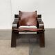 Brutalist Mid-Century Safari Armchair in Wood and Leather, 1960s
