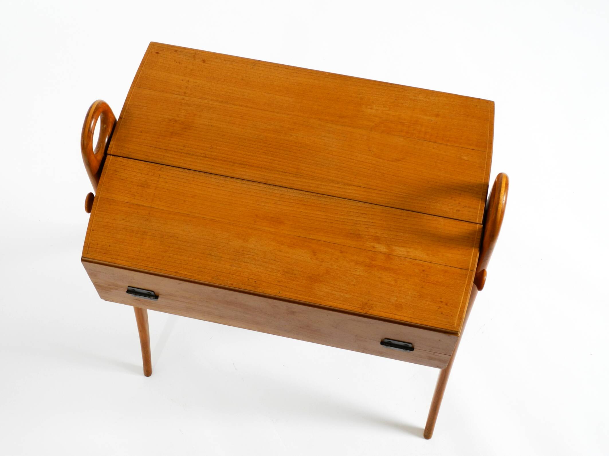 1950s ash wood sewing box, with a hinged top, multiple compartments