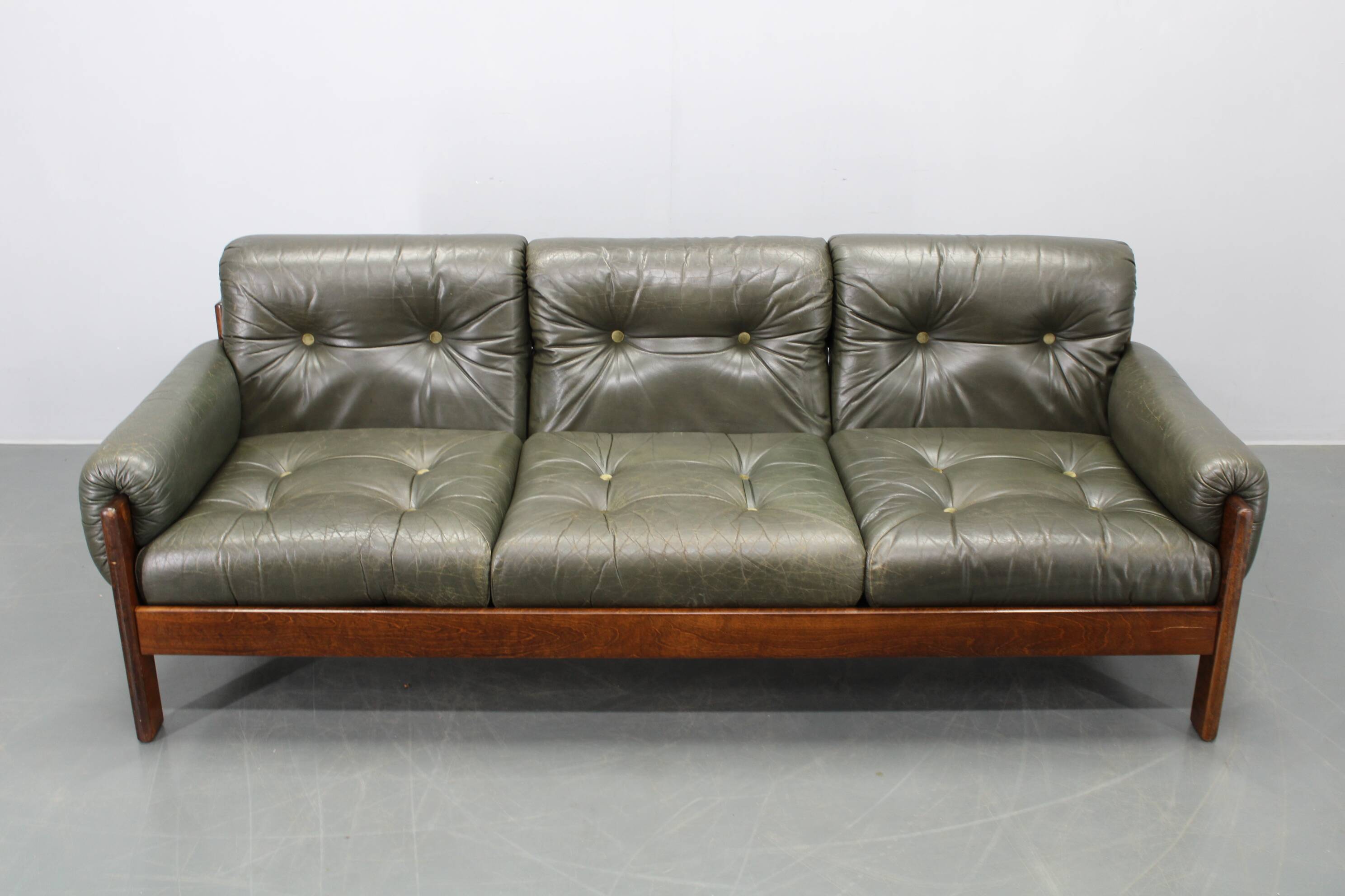 Mid-century Czechoslovak green leather sofa, 1970s