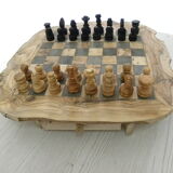 Olive wood chess games, handmade chess board with rough edge storage drawer