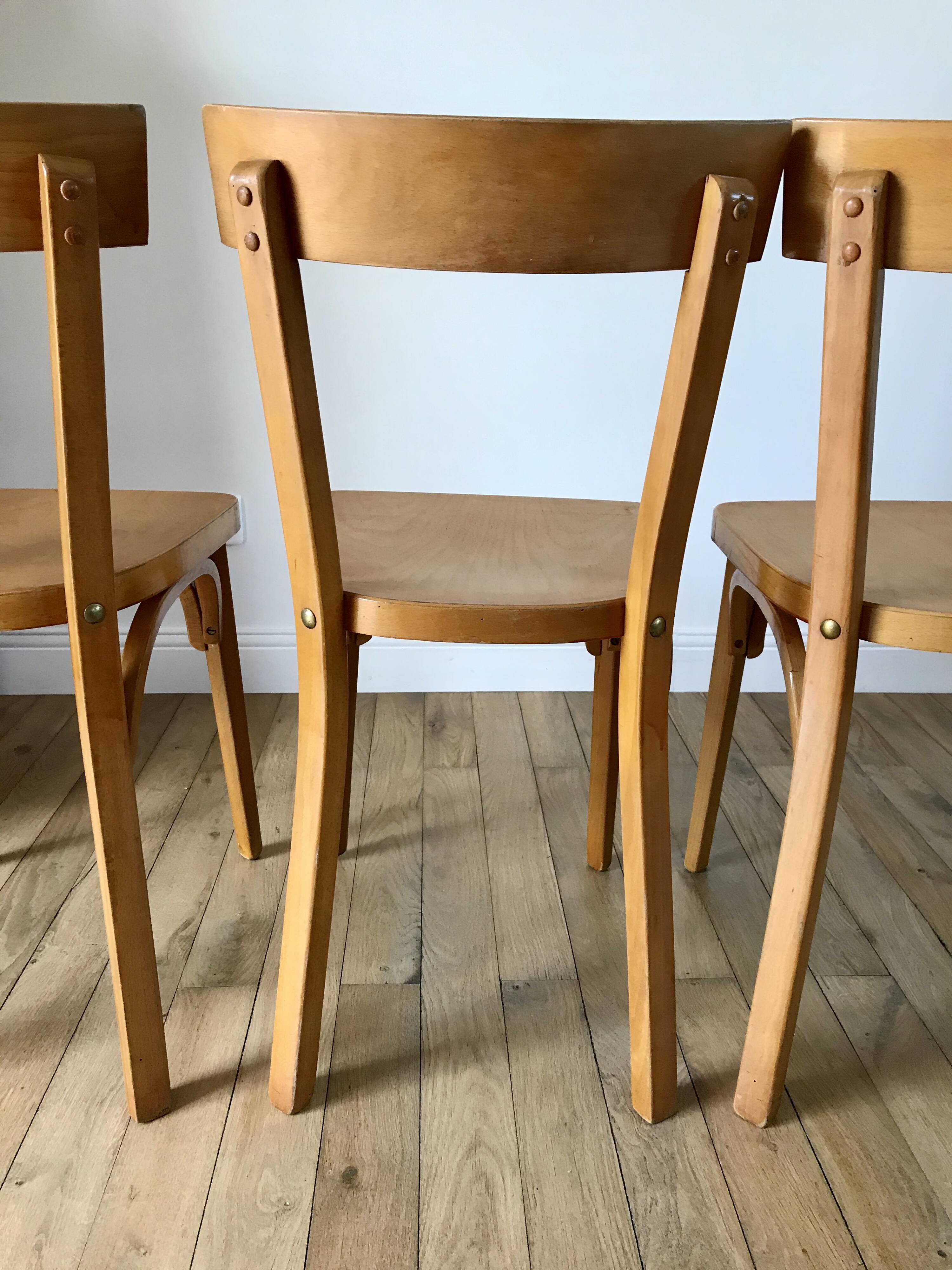 Set of 4 baumann bistro chairs in blond wood / honey stamped 40-50 years