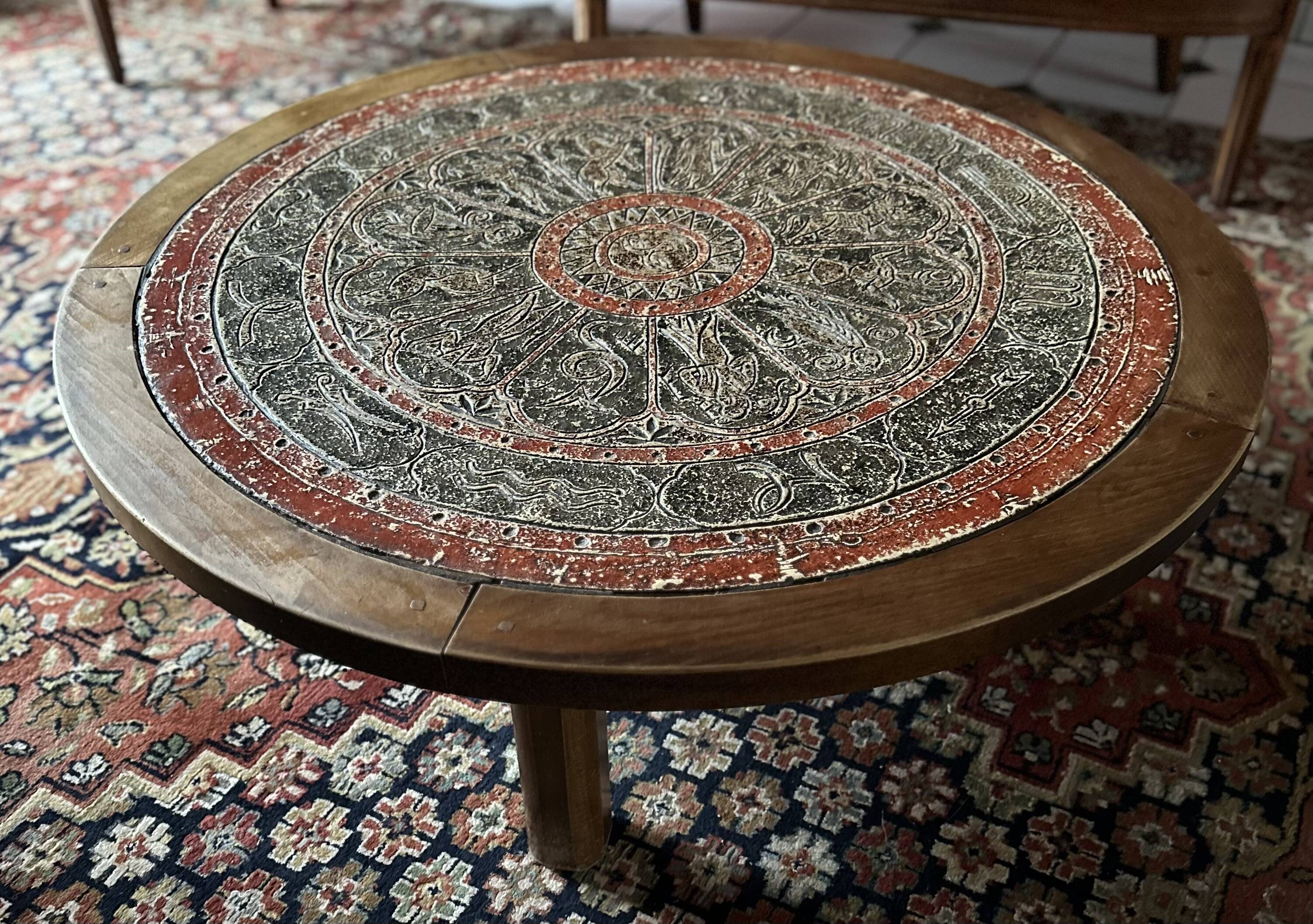 Zodiac round coffee table - Wood and ceramic - Vallauris