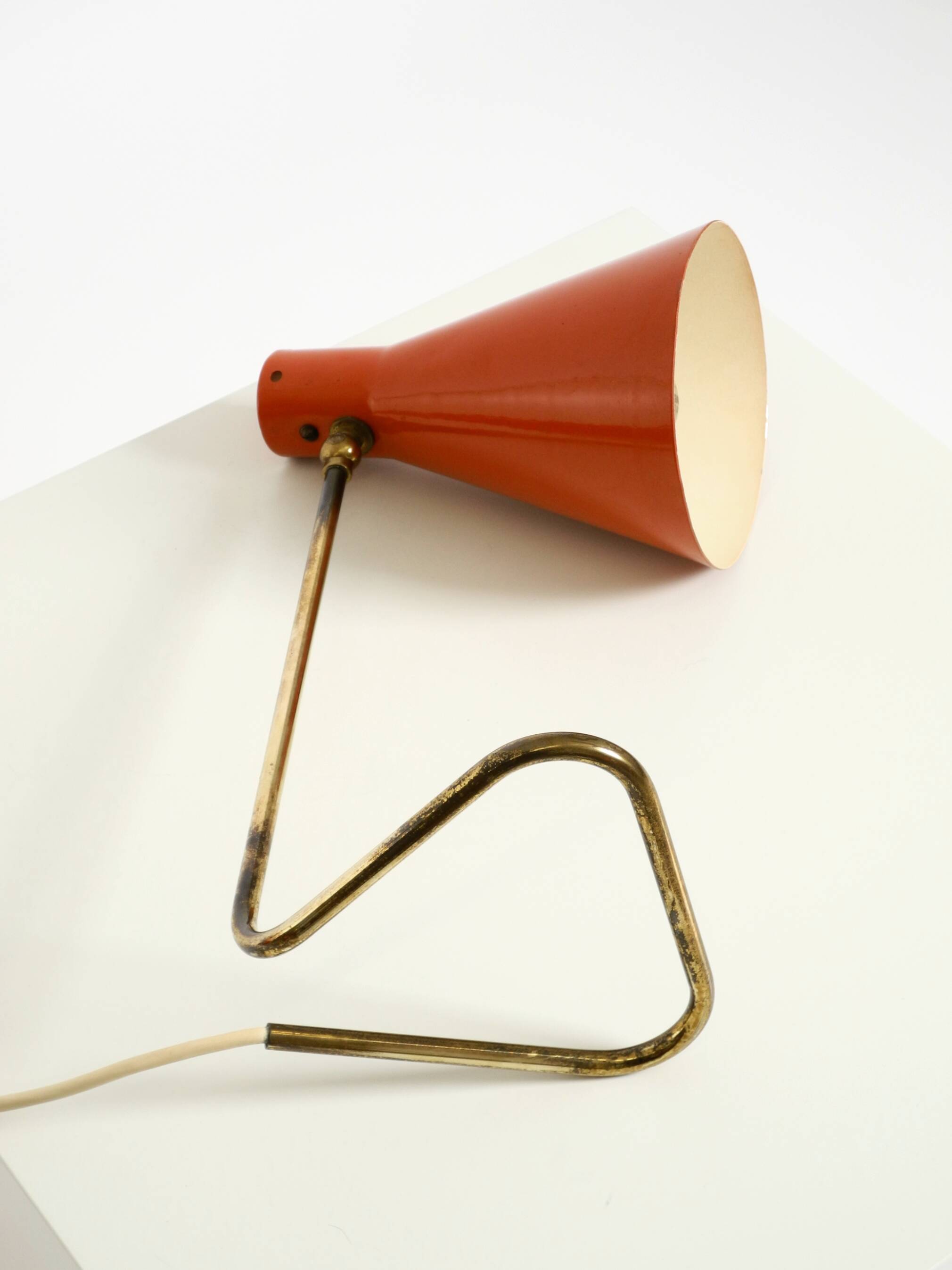 Beautiful, Large Mid-Century Modern Brass Table Lamp with a Brick-Red Shade
