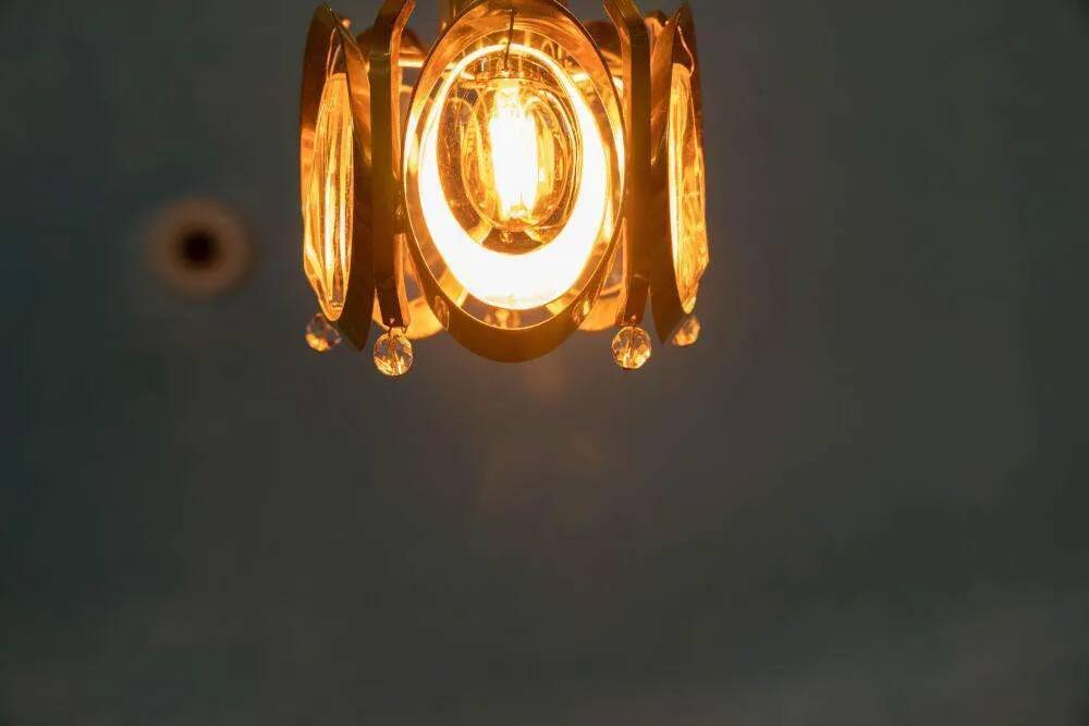 Vintage brass and crystal suspension Palwa, mid-century suspension.