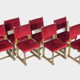 Set of eight oak barley twist dining chairs in red velvet, 19th century