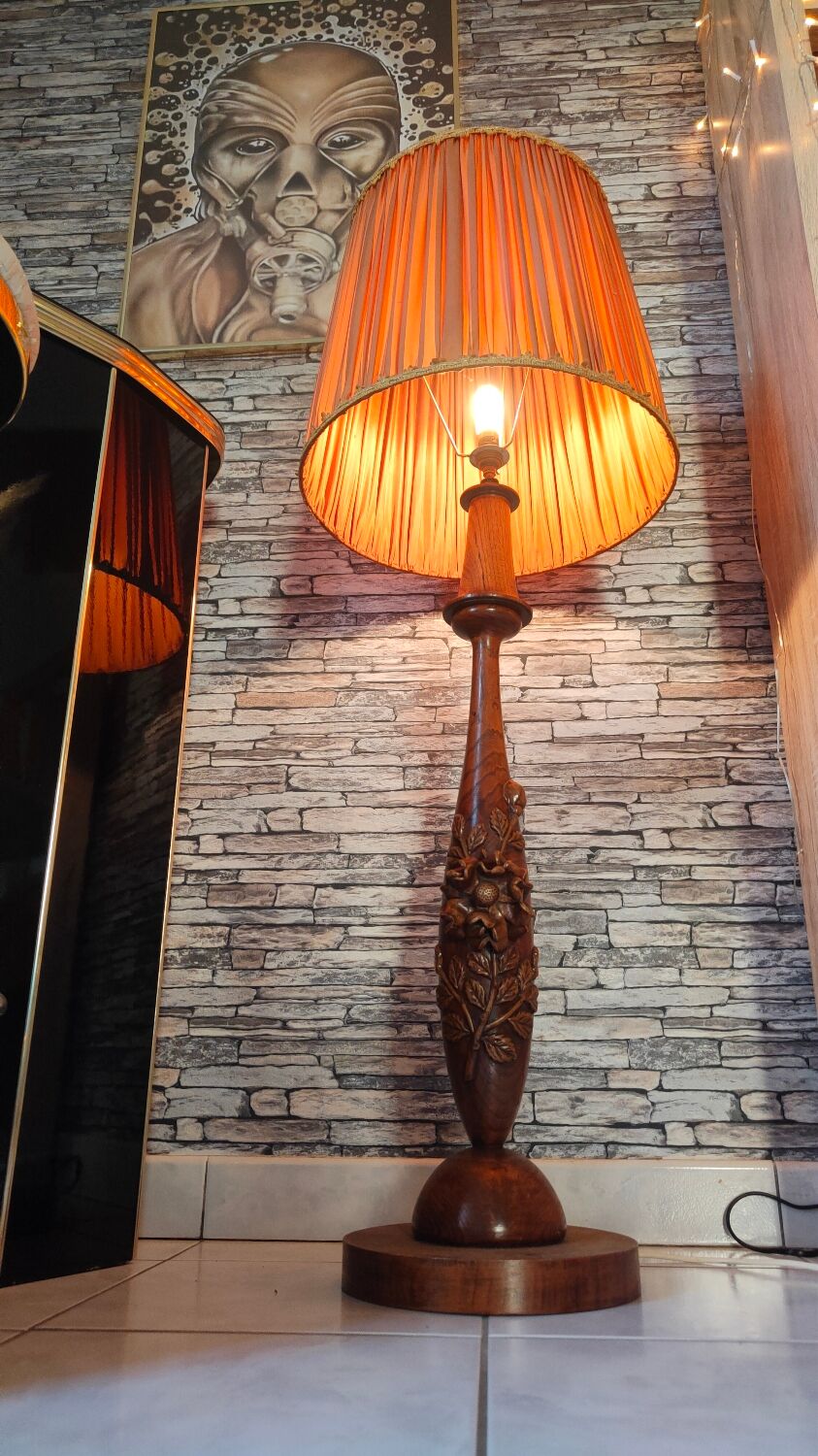 Large carved floral wooden lamp 1960