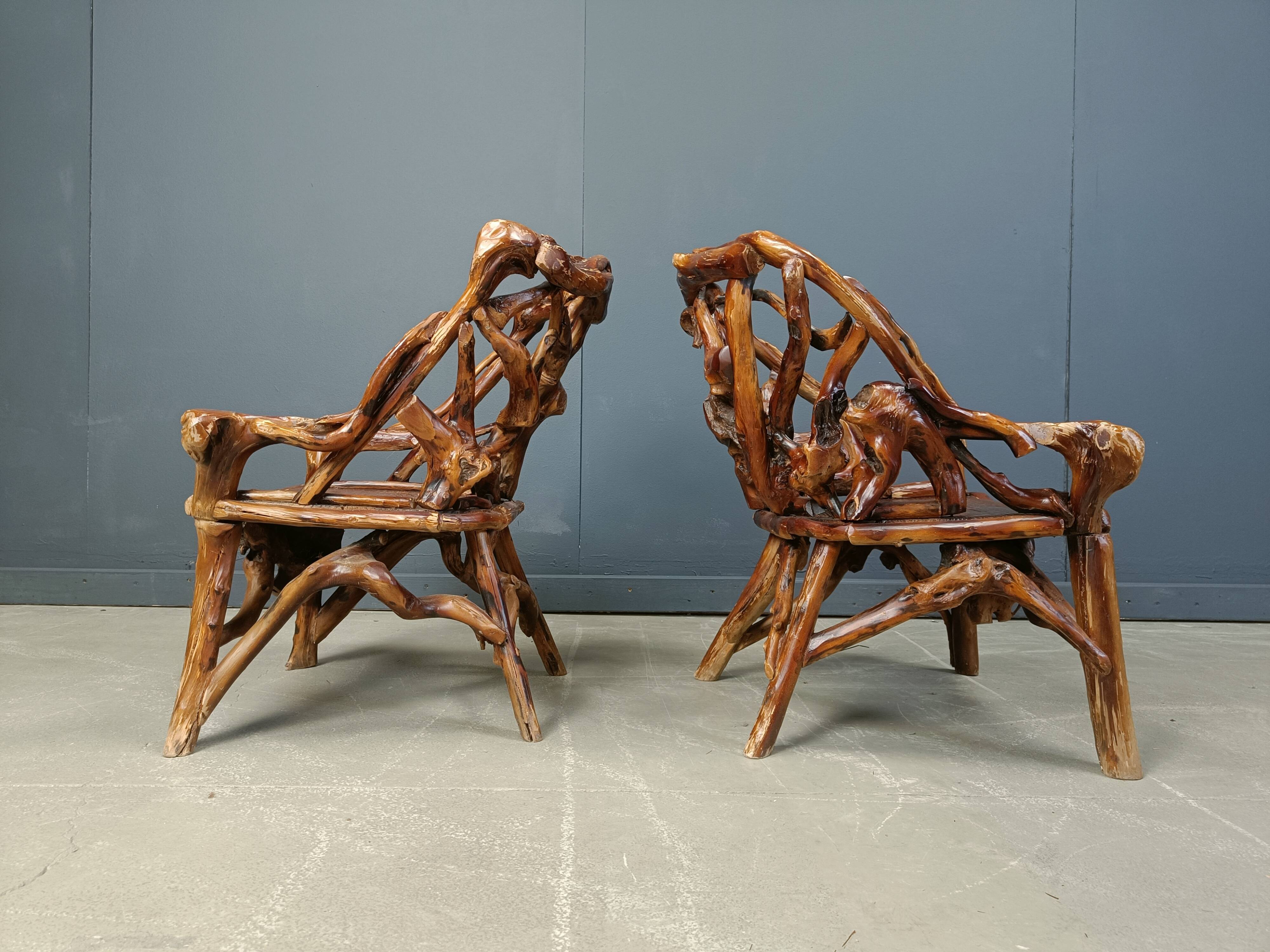 Rustic wood and knotted root armchairs, set of 4 - 1960s