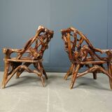 Rustic wood and knotted root armchairs, set of 4 - 1960s