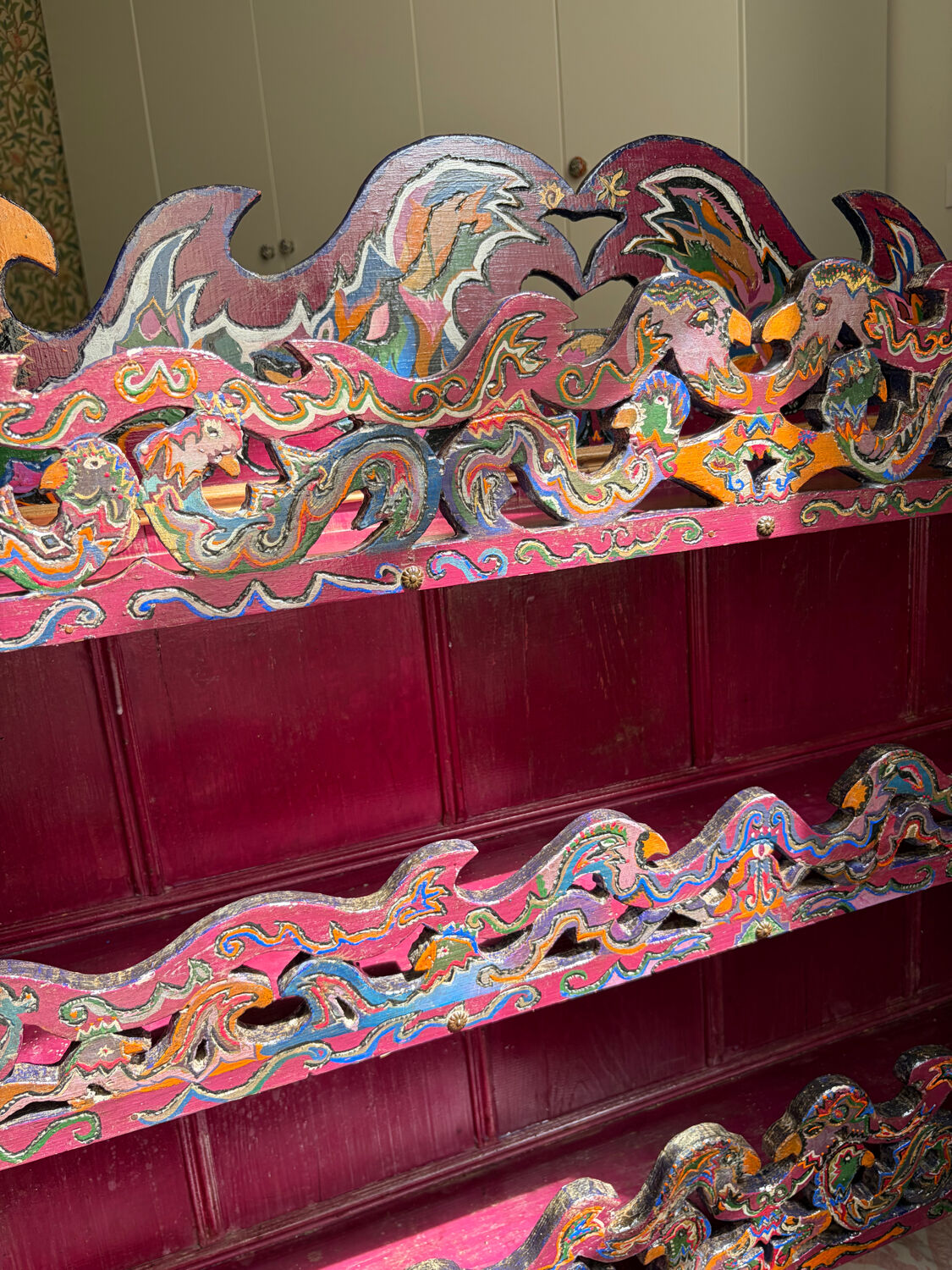 Folk painted wooden wall shelf