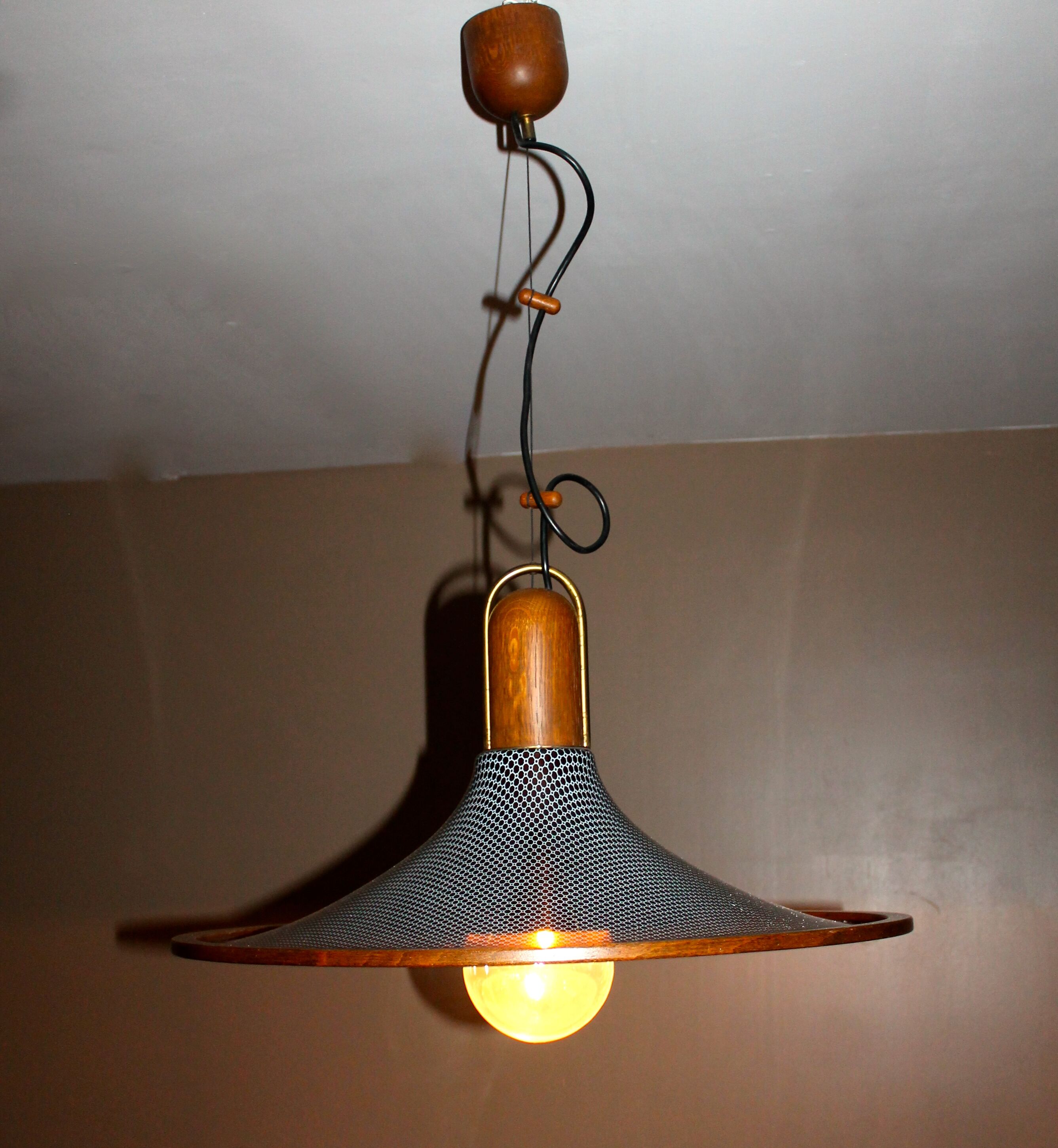 Temde Leuchten, 50's/60's and teak and brass hanging lamp