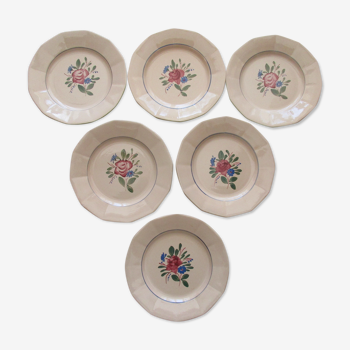 Set de 6 assiettes a decor floral sur fond rose faiencerie digoin sarreguemine