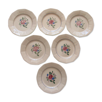 6 plates a decor floral on pink background faience digoin sarreguemine