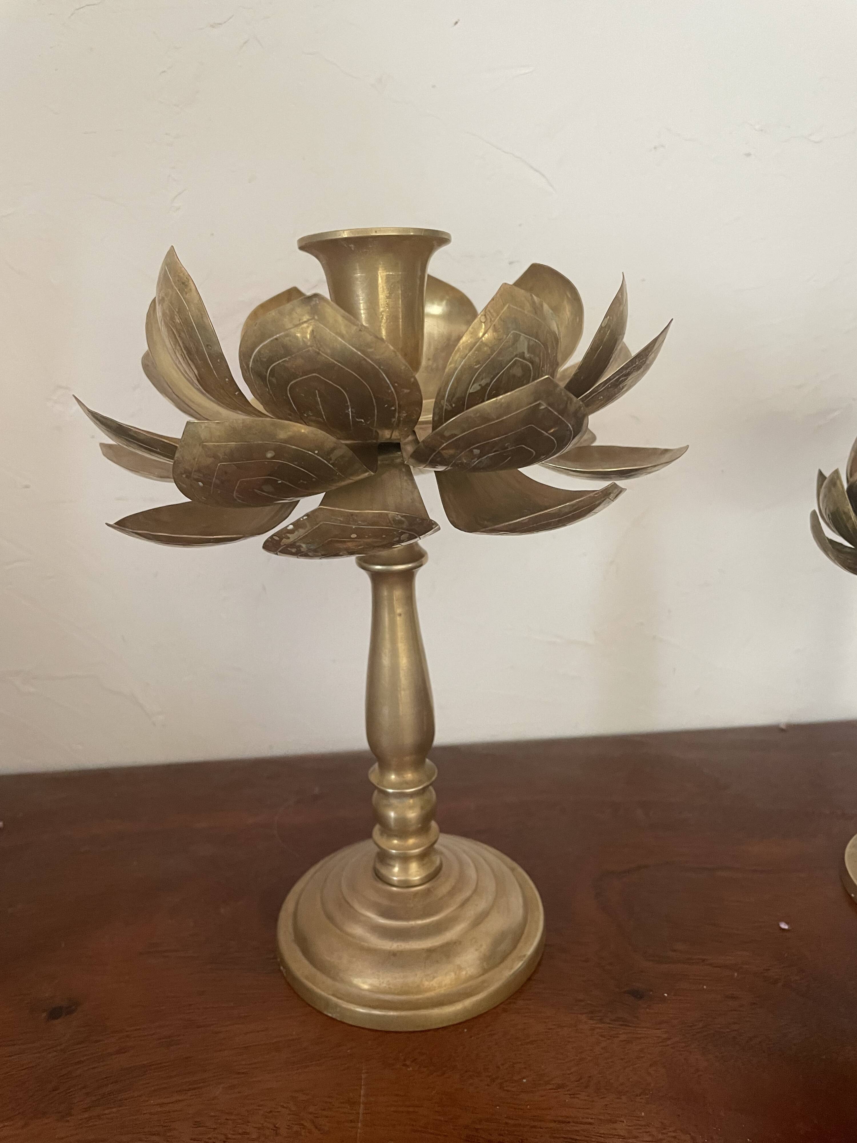 Set of two old brass lotus flower candlesticks