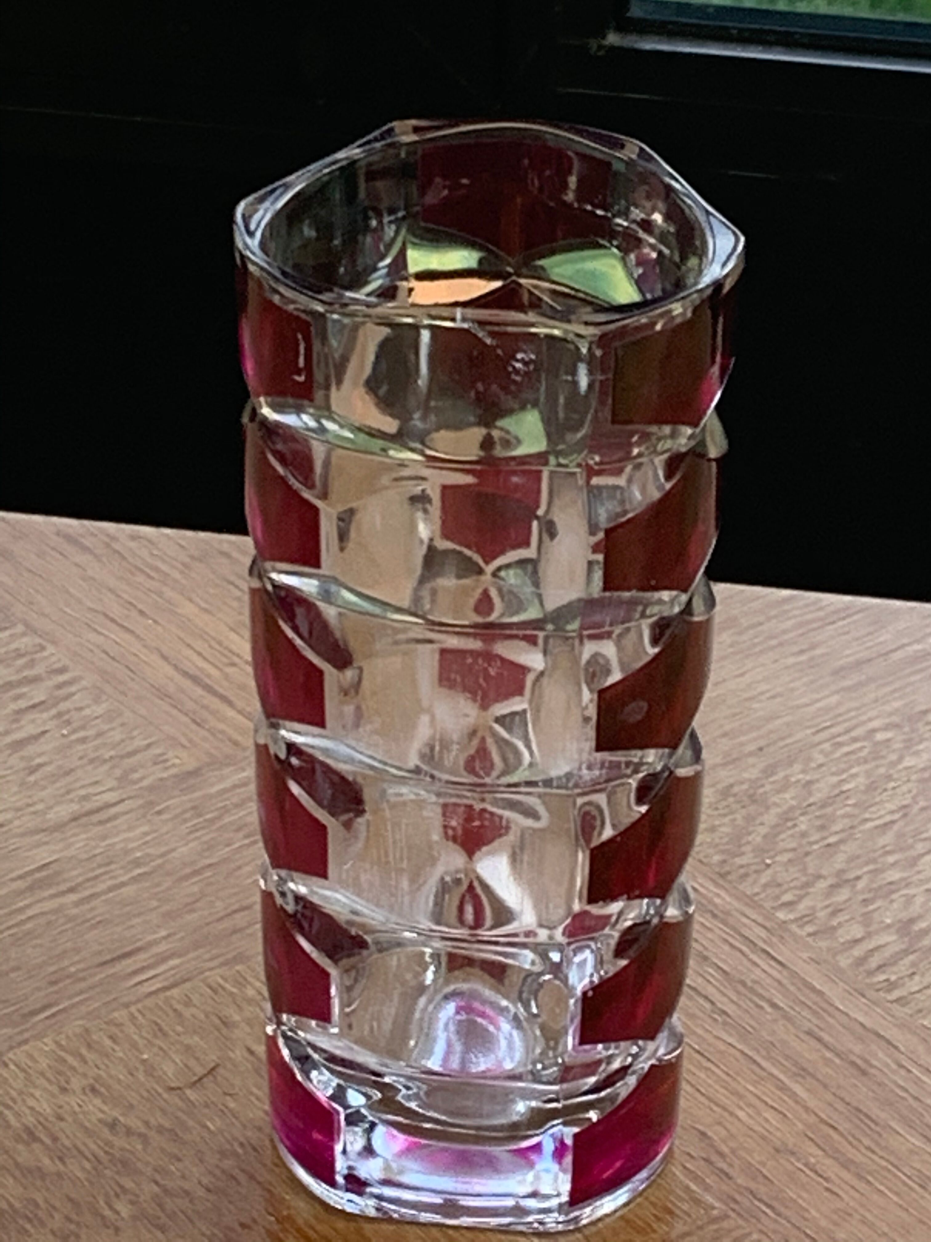 Cylindrical glass vase molded vintage geometric patterns