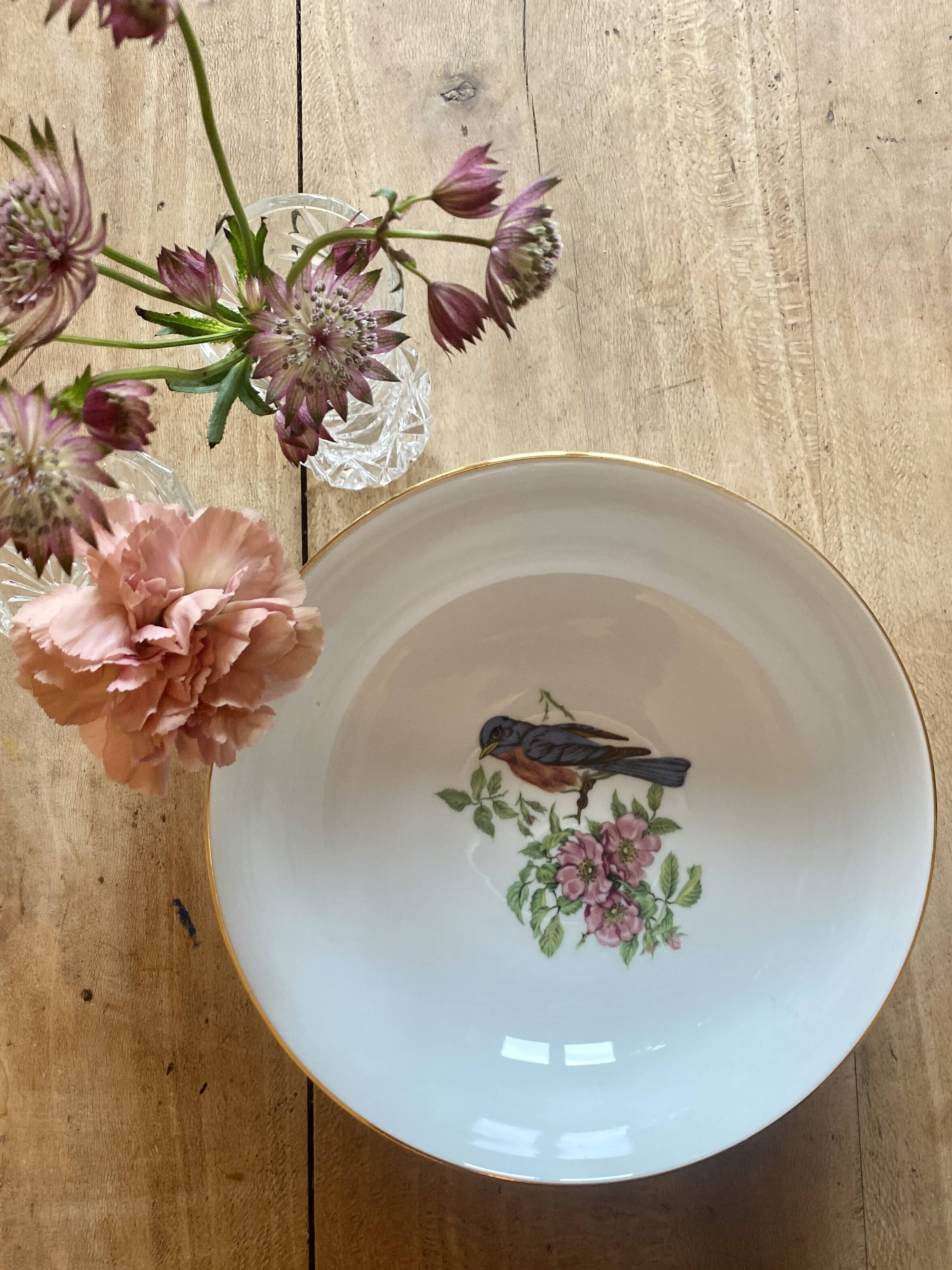 Vintage porcelain salad bowl - bird and flower decorations