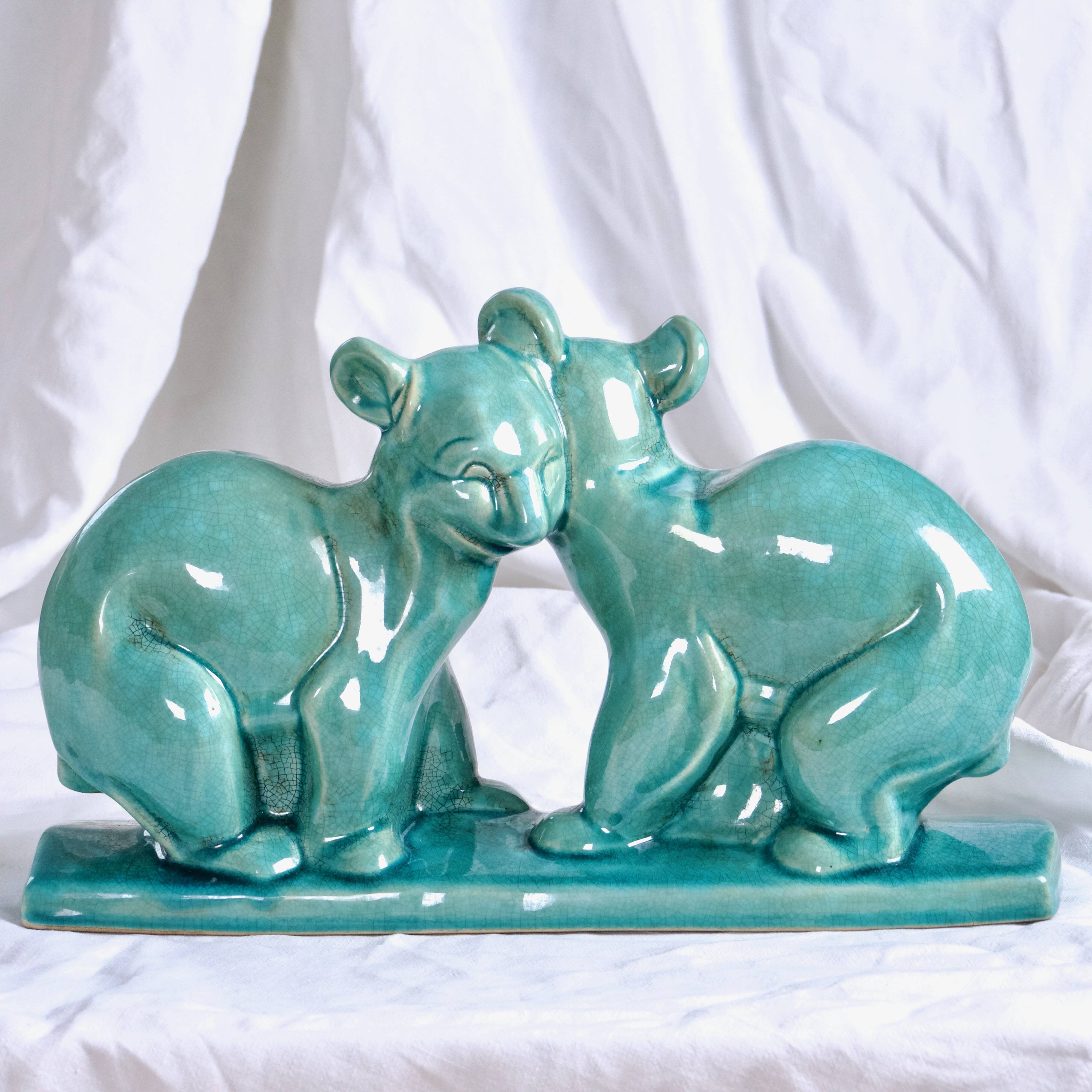 Art Deco Cracked Ceramic Teddy Bear Statue by LV Ceram