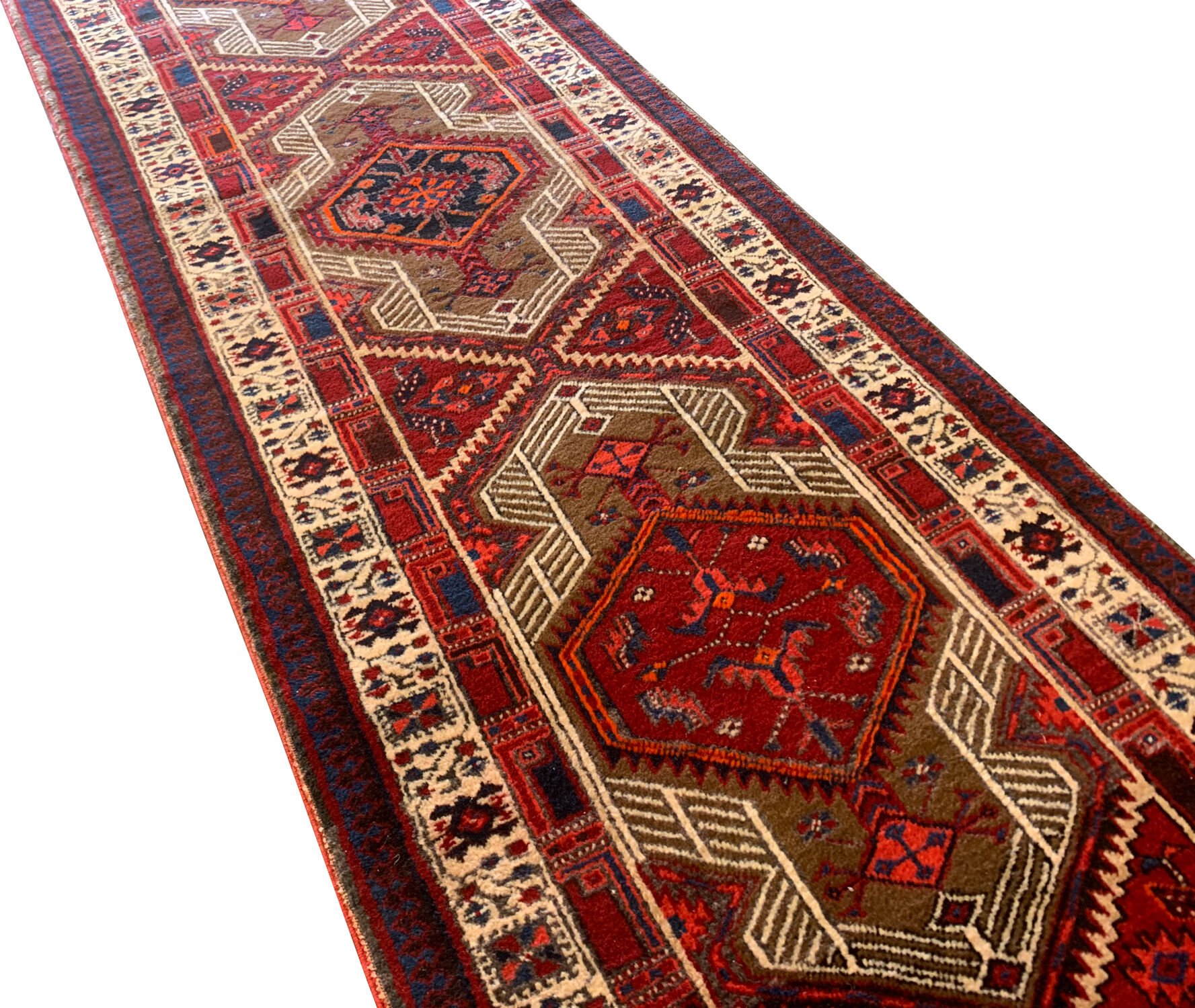 Red vintage persian hamedan rug 1930 handwoven tribal runner 99x337cm