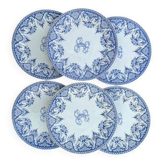 6 assiettes Gien série monogramme « 2nd choix »