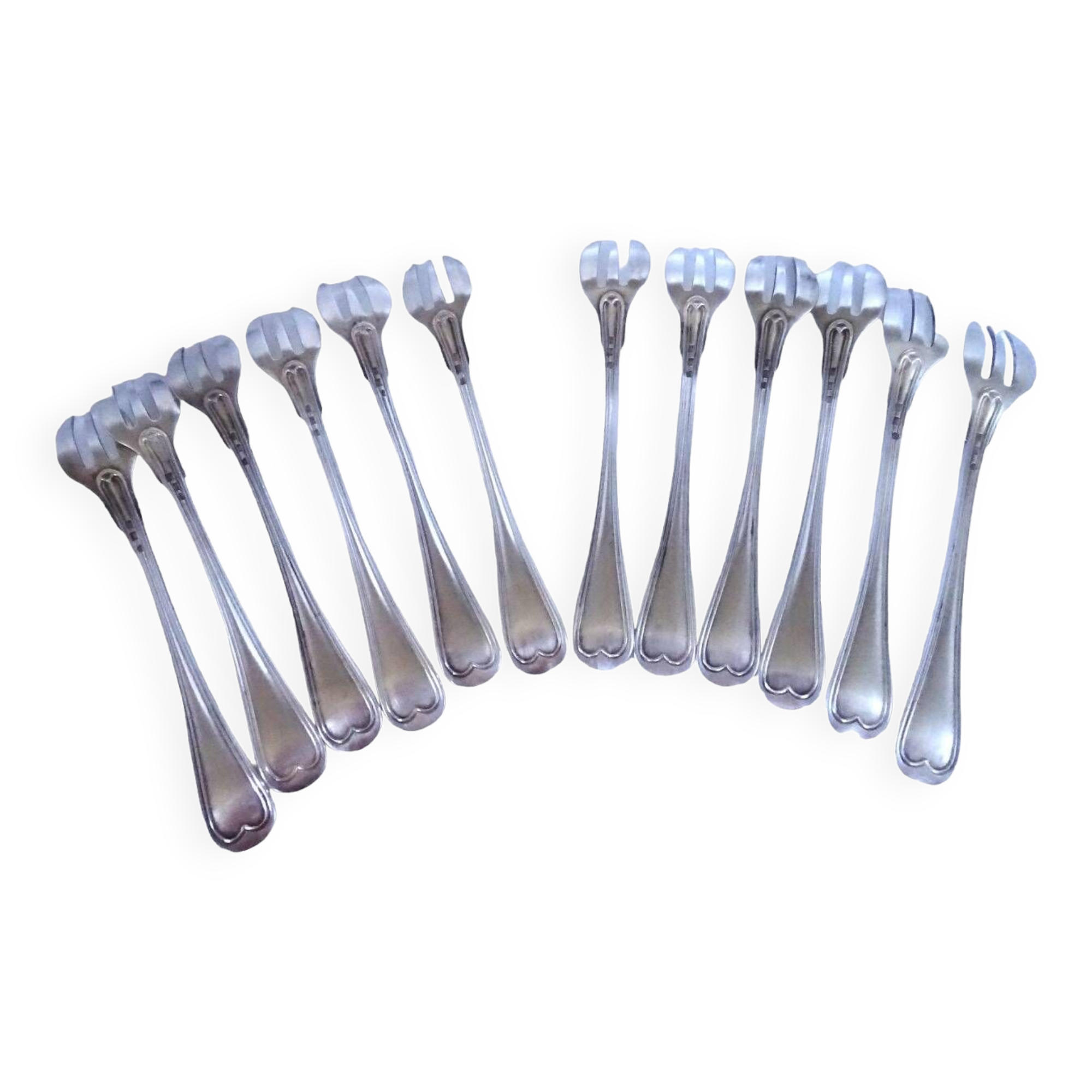12 fourchettes à huîtres argent massif Minerve Henin & Cie 327gr XIXème