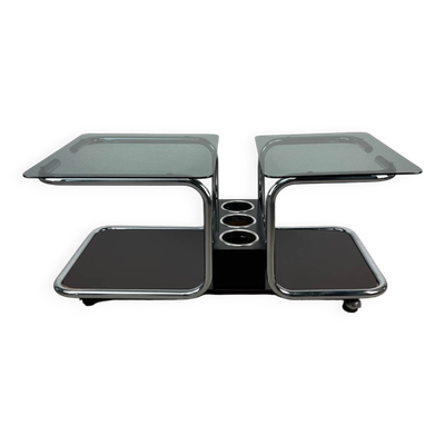 Table basse bar en chrome et verre fumé, années 70
