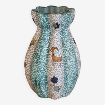Vase Volpi Deruta Italy à col pincé et émaux réticulés décor animaux